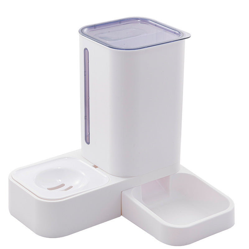 Dispensador automático con depósito de comida y agua para mascotas.