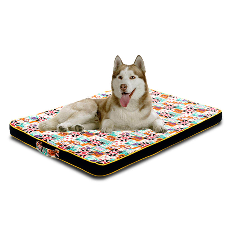 Cama para perro de lona gruesa con estampado de mascotas.
