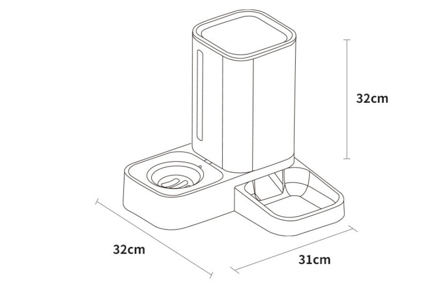 Dispensador automático con depósito de comida y agua para mascotas.